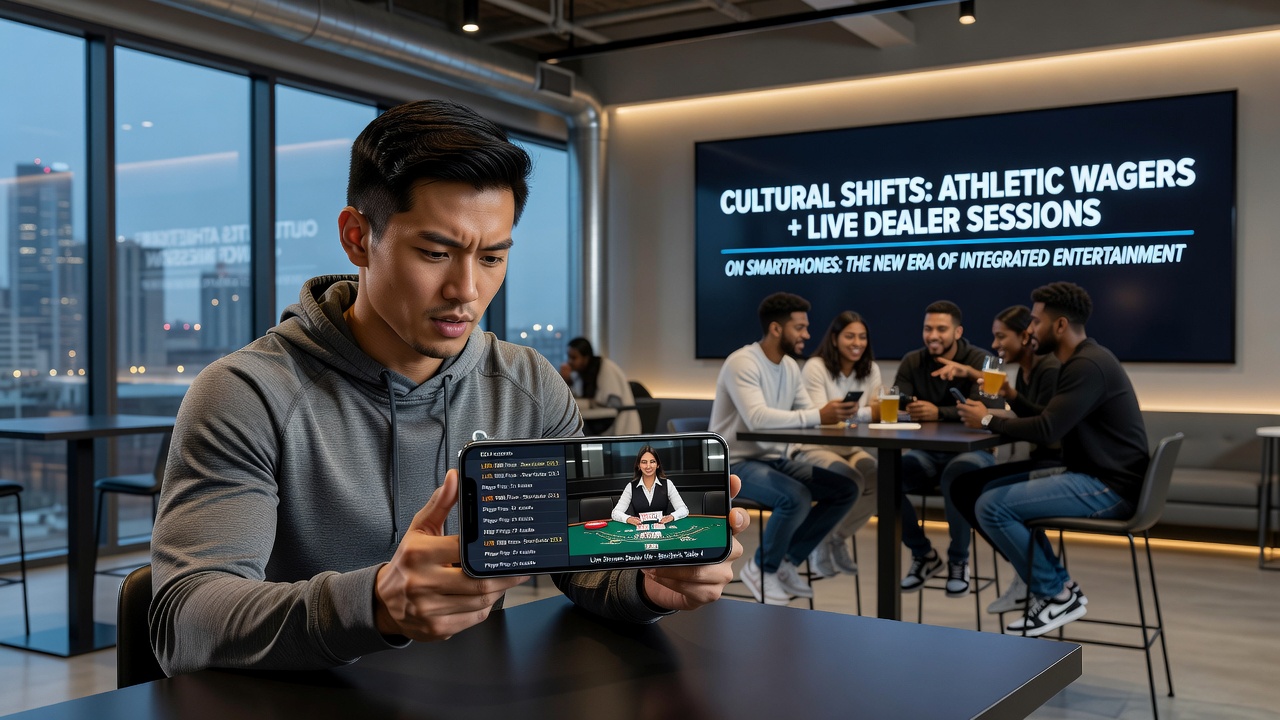 Diverse group of people using smartphones in a modern lounge setting with sports highlights and live dealer streams visible on screens