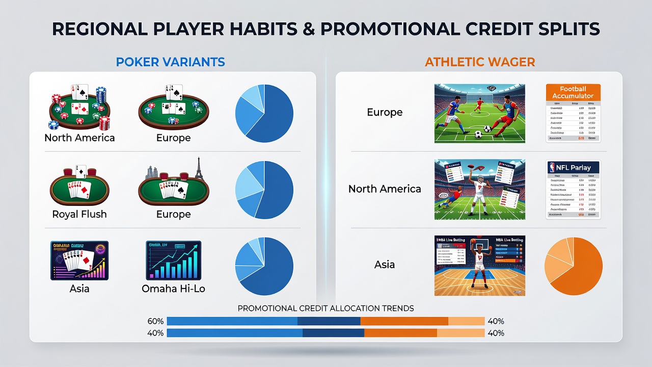 Analytics dashboard displaying regional splits of promotional credits for poker and sports betting features