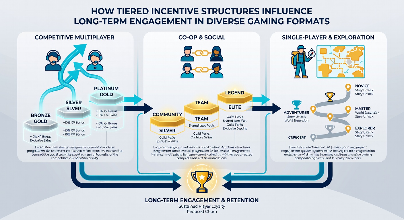 Infographic comparing engagement curves between tiered and flat reward systems across mobile and multiplayer formats