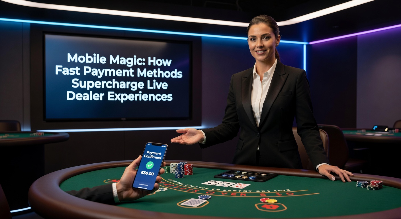 A sleek mobile device displaying a live dealer roulette table with instant payment options overlayed, capturing the thrill of real-time gaming on the go