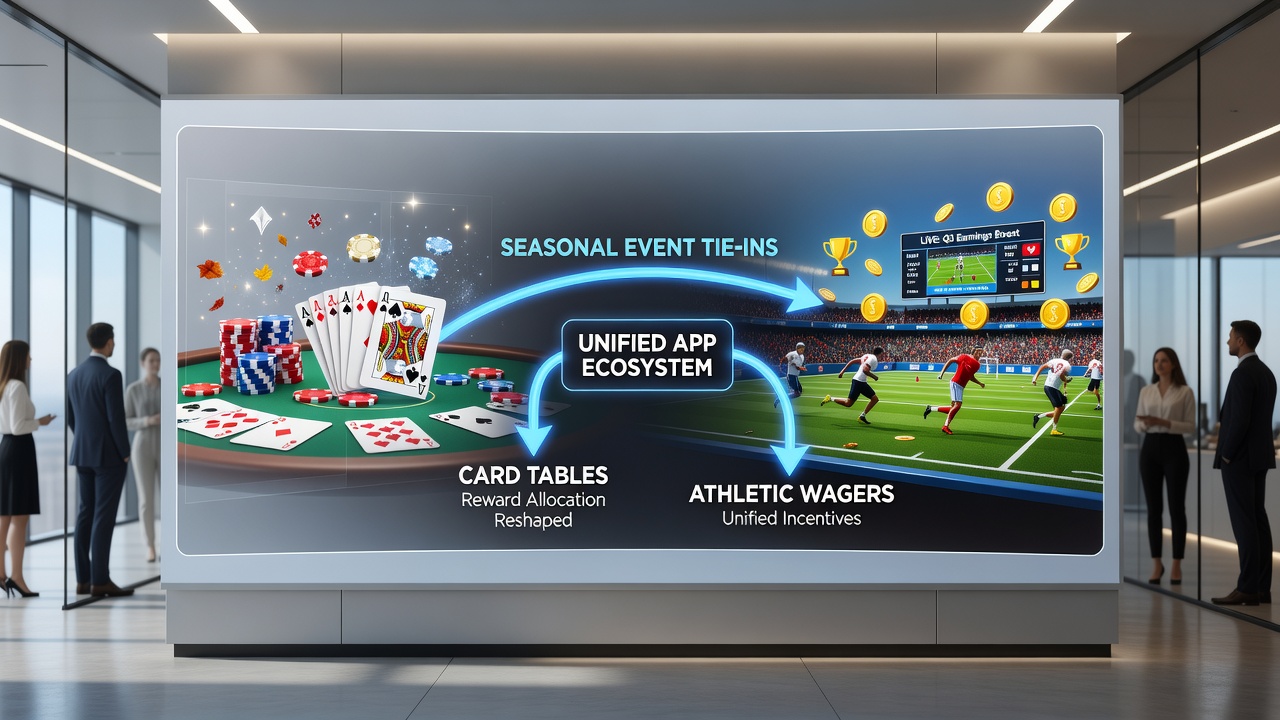 Unified gaming app interface showing seasonal promotions linking table games and sports betting rewards