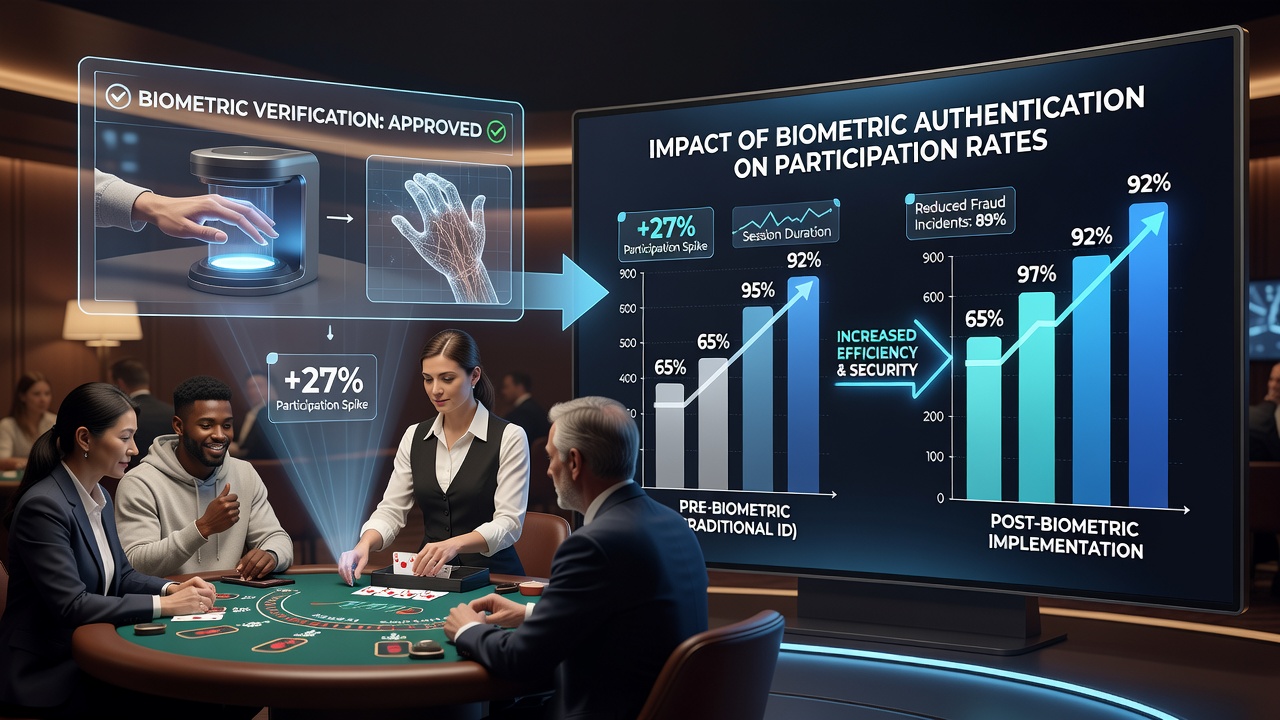 Live dealer blackjack table with players authenticated via mobile biometric systems during peak hours