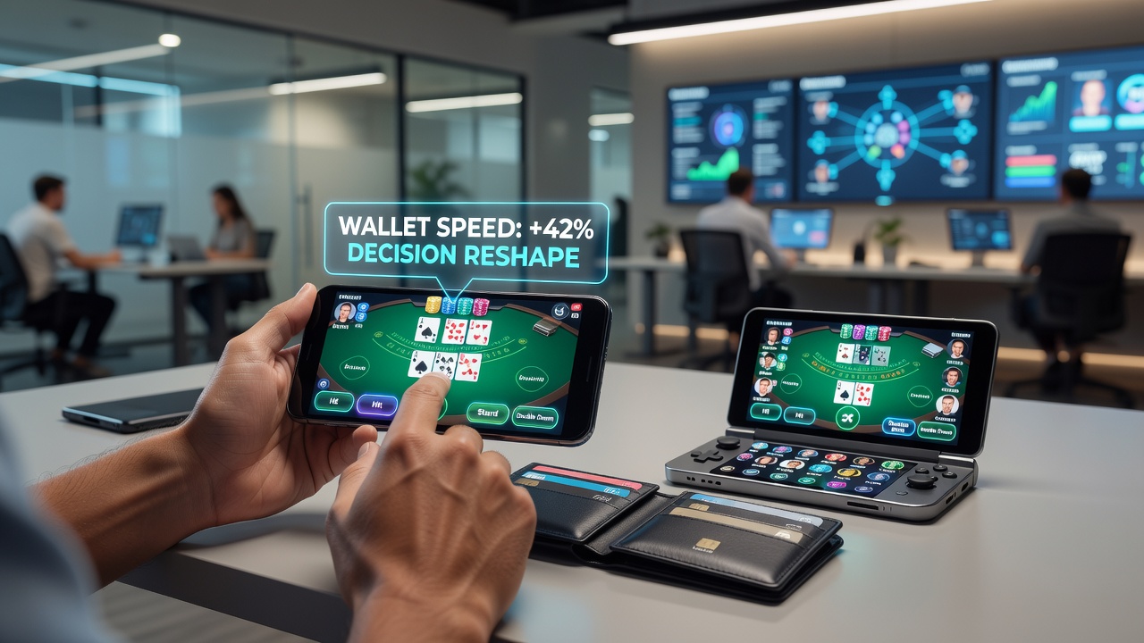 Close-up of portable device displaying blackjack table with digital wallet balance update notification
